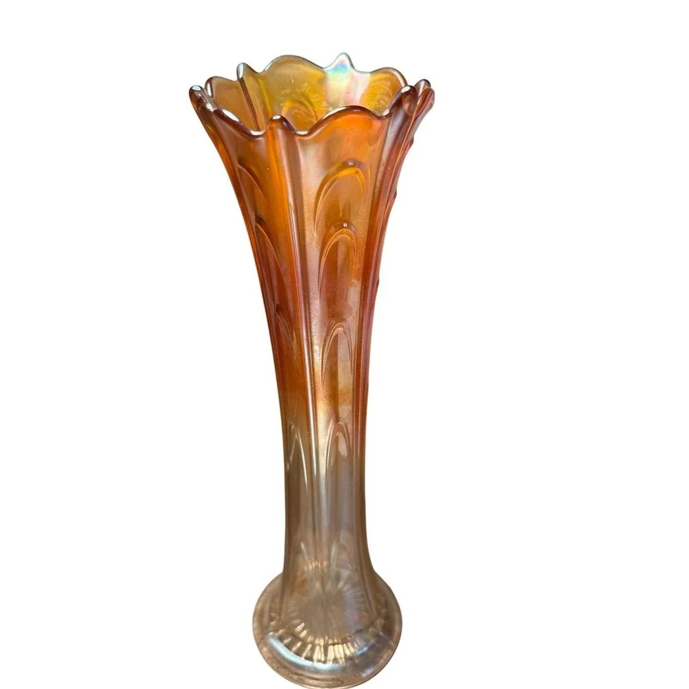 Vintage Amber Carnival Glass Trumpet Vase Iridescent Tall Floral